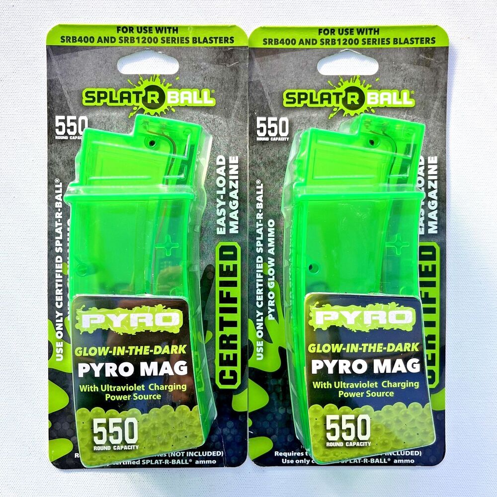 SplatRBall Pyro Mag Blaster Magazine 550‎ Rounds UV Glow in Dark NEW-Set of 2